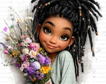 Flowers Black Girl Clipart Bundle, Watercolor Afro Girl (Digital Download)