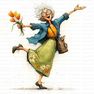 May include: Illustration of a joyful person with gray hair, wearing glasses, an orange top, blue jacket, and green skirt with daisy accents. They hold a bouquet of orange tulips and a brown bag, with one leg raised in a celebratory pose.