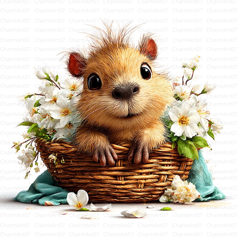 May include: A cute, cartoon-style illustration of a small, light brown rodent with large, dark eyes, nestled in a woven basket. The basket is surrounded by white flowers and a teal cloth, creating a cheerful and inviting scene.