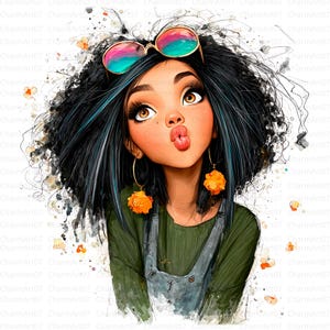 以下が含まれることがあります： デジタルイラスト。若い女性が、黒い巻き毛、サングラス、グリーンのシャツ、デニムのオーバーオールを着ています。オレンジ色の花のイヤリングをして、唇を尖らせています。水彩画風で、色の飛沫があります。