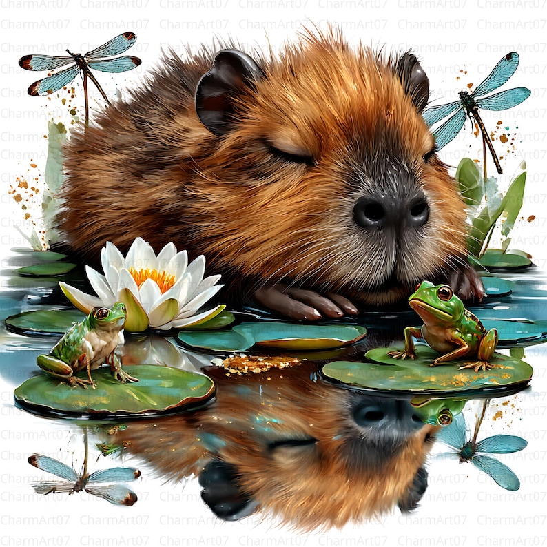 May include: A digital illustration of a capybara resting peacefully in a pond. The image features a white water lily, two green frogs, and several dragonflies. The capybara's reflection is visible in the water.