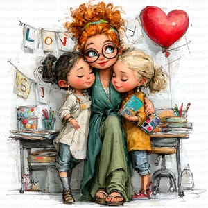 May include: An illustration of a woman with red hair and glasses embracing two children. The word "LOVE" is displayed on a banner. A red heart-shaped balloon floats above. The children are holding books and art supplies are on a desk.