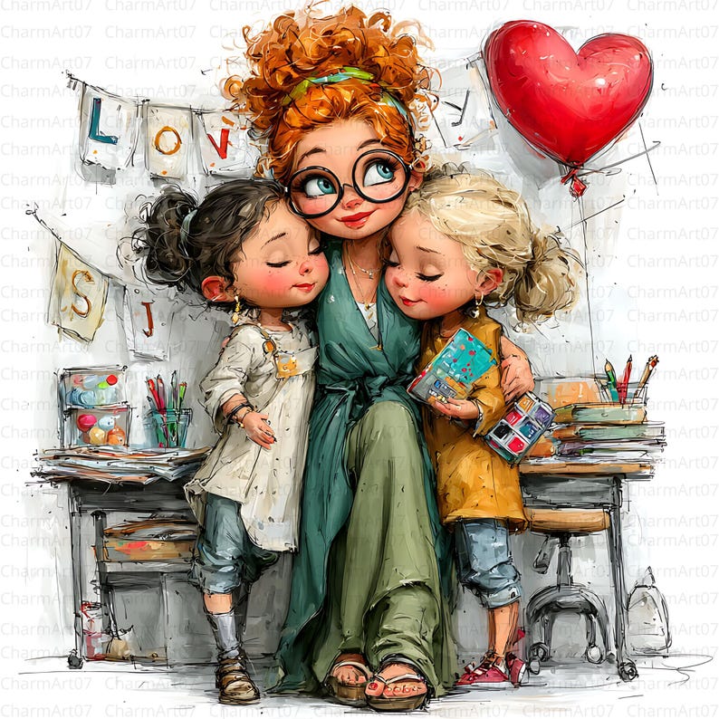 May include: An illustration of a woman with red hair and glasses embracing two children. The word "LOVE" is displayed on a banner. A red heart-shaped balloon floats above. The children are holding books and art supplies are on a desk.