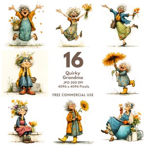 May include: Watercolor illustrations of a quirky grandma in various poses, holding flowers and a sunflower. The images feature the text "16 Quirky Grandma" and "Free Commercial Use". The grandma is wearing glasses, dresses, and yellow boots.