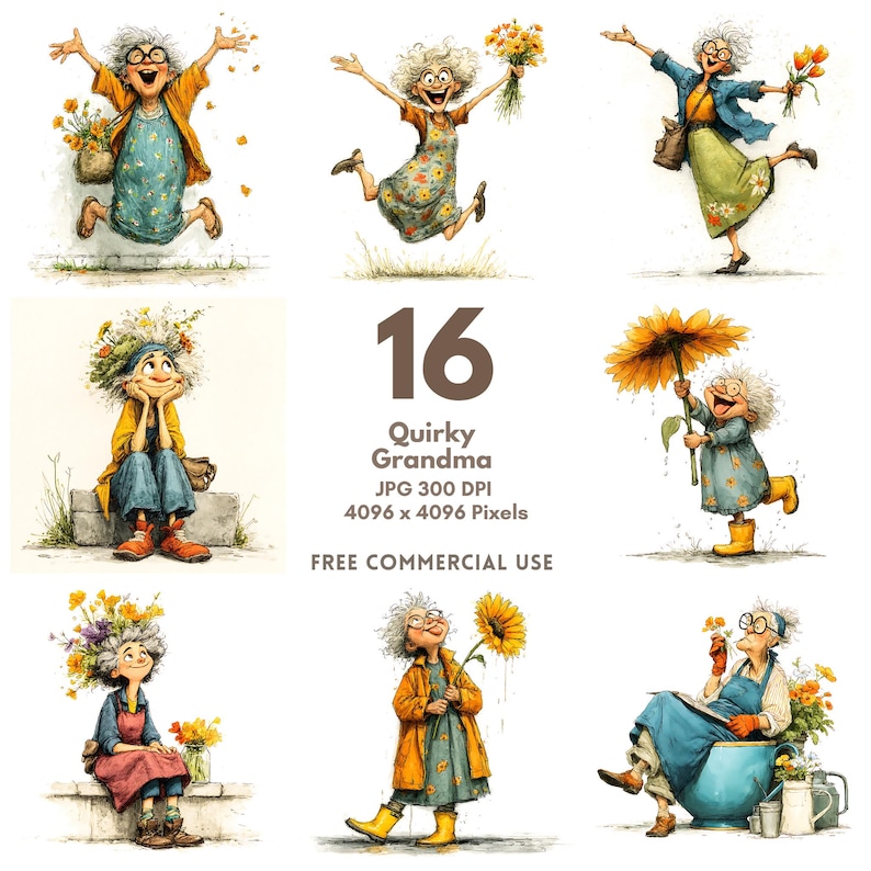 May include: Watercolor illustrations of a quirky grandma in various poses, holding flowers and a sunflower. The images feature the text "16 Quirky Grandma" and "Free Commercial Use". The grandma is wearing glasses, dresses, and yellow boots.