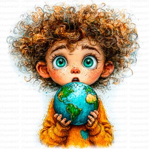 地球を持つ子供のクリップアート、18の学校の子供たちのクリップアート、水彩画の学校の子供たち、かわいい学生のクリップアート、デジタルダウンロードJPG、ジャンクジャーナル