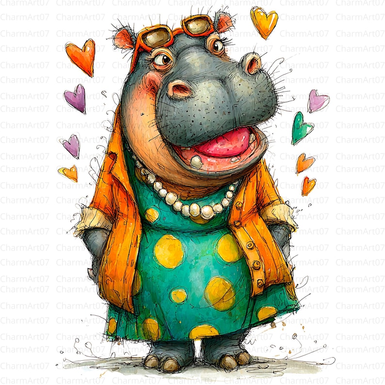 Puede incluir: Ilustraci&oacute;n de un hipop&oacute;tamo sonriente con gafas de sol, collar de perlas y vestido verde con lunares amarillos. Corazones de colores flotan a su alrededor. Lleva una chaqueta naranja.
