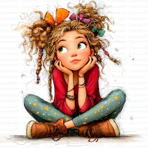 Skurrile kleine Mädchen Clipart, 12 wunderliche Illustration, süßes Mädchen, druckbares Aquarell, hochwertige JPGs, Papiermodelle, Journal Journal
