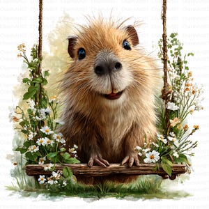 May include: A whimsical illustration of a capybara on a wooden swing, surrounded by white and yellow flowers and green foliage. The capybara has brown fur, a large nose, and a smiling expression. The background is a soft watercolor wash.