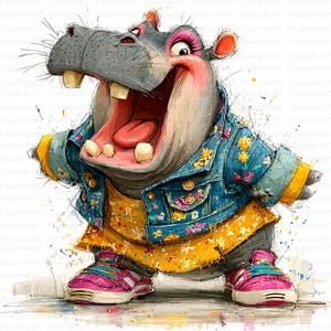 Puede incluir: Ilustraci&oacute;n caprichosa de un hipop&oacute;tamo sonriente con una chaqueta vaquera con detalles florales, un vestido amarillo y zapatillas rosas. La boca del hipop&oacute;tamo est&aacute; muy abierta, mostrando grandes dientes y una lengua rosa. Estilo acuarela.