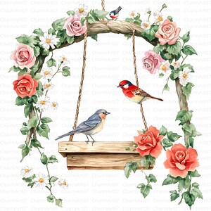 15 clipart de pássaros florais, pássaro e flor JPG de alta qualidade, clipart de aquarela para impressão, download digital, clipart de aquarela de pássaros da floresta