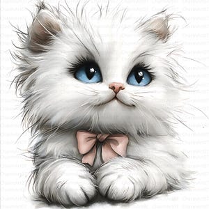 May include: A digital illustration of a fluffy white kitten with bright blue eyes and a pink bow. The kitten's fur is detailed with soft shading, and the image has a whimsical, artistic style. The text "CharmArt07" is visible in the image.