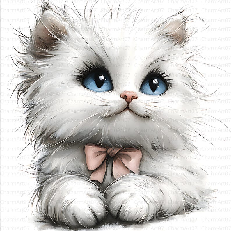 May include: A digital illustration of a fluffy white kitten with bright blue eyes and a pink bow. The kitten's fur is detailed with soft shading, and the image has a whimsical, artistic style. The text "CharmArt07" is visible in the image.