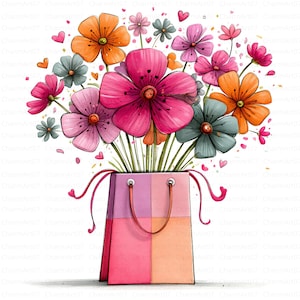 May include: A rectangular shopping bag with a color-blocked design in pink and orange, featuring thin handles and a large bouquet of stylized flowers in shades of pink, orange, and blue-gray, accented by small floating heart shapes.