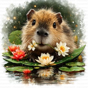 May include: A watercolor illustration of a capybara with brown fur, holding a flower in its mouth, surrounded by lily pads and water lilies. The water lilies are white and red, with green lily pads. The background is a soft green.