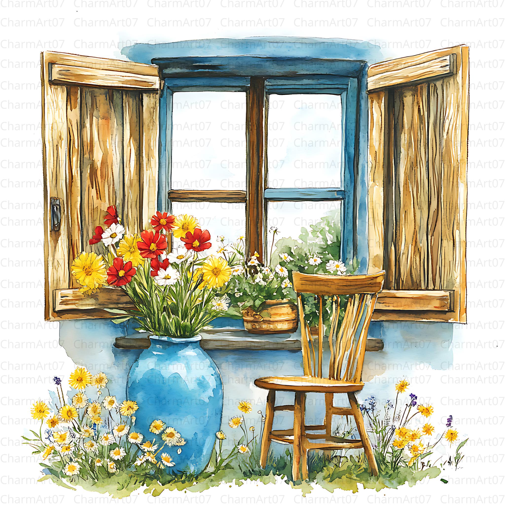 25 Spring Flowers Windows Clipart, Flowerpots, Printable Watercolor ...