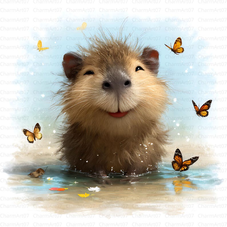 May include: A digital illustration of a smiling capybara in water, surrounded by orange and black butterflies. The capybara has brown fur and a red mouth. The background is a light blue with the text "CharmArt07" repeated.