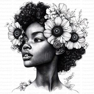 15 Floral Afro Woman Face Clipart, Face Print, African Woman Face, Printable Watercolor, High-Quality JPGs, Paper craft, Junk Journal