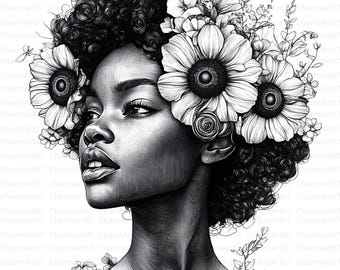 Clipart de mujer afro con flores: Impresión facial en acuarela, archivos JPG de revistas basura
