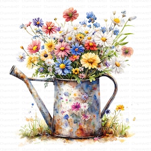 20 cliparts floraux pour arrosoir, fleurs sauvages, fichiers JPG de haute qualité, clipart aquarelle imprimable, téléchargement numérique, créations manuelles, arrosoir de fleurs