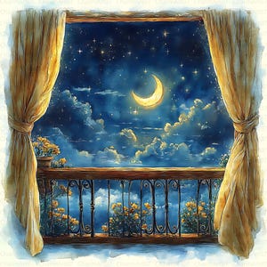 18 fenêtre nuit ciel paysage vue, fenêtre lune vue clipart, clipart nuit étoilée, aquarelle imprimable, fichiers JPG de haute qualité, journal indésirable