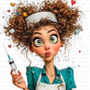 May include: A cartoon illustration of a nurse with large green eyes, wearing a teal uniform and a white apron. She has curly brown hair and a white nurse's cap. She is holding a syringe and has a surprised expression.