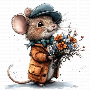 20 Boho Mouse Clipart, Cute Mouse, Mouse with Flower, Printable Watercolor, High-Quality JPGs, Papercraft, Junk Journal, Digital Crafting