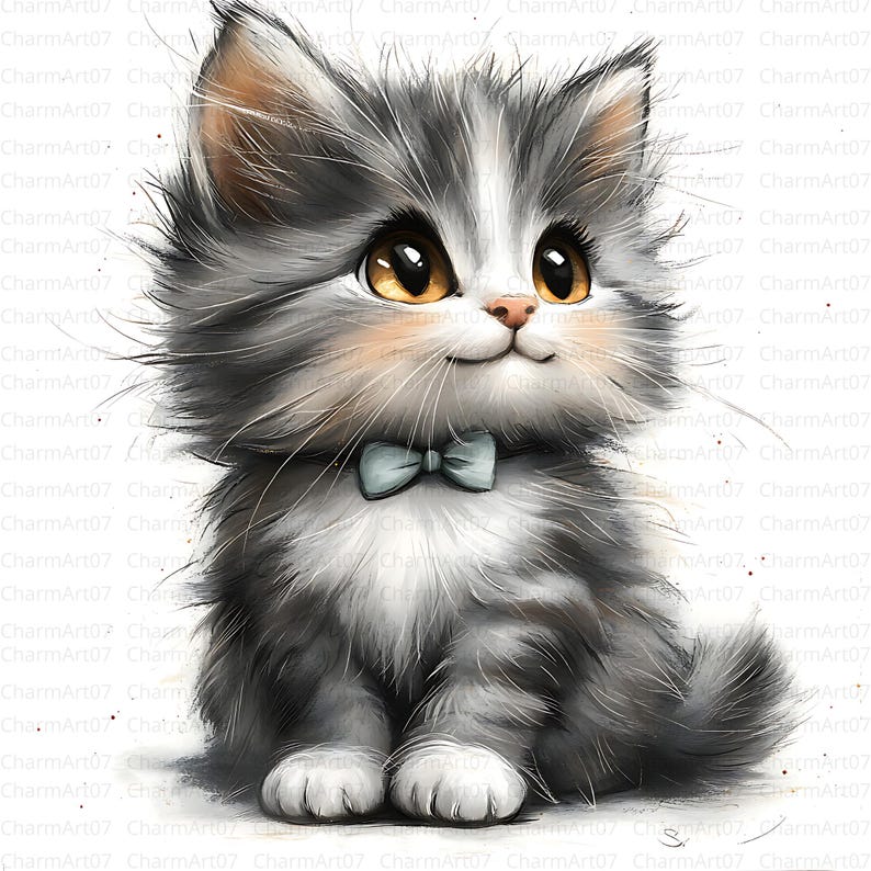 May include: A watercolor illustration of a fluffy gray and white kitten with large, golden eyes and a light blue bow tie. The kitten is sitting upright, with a slight smile, and has long whiskers. The artwork has a soft, whimsical style.