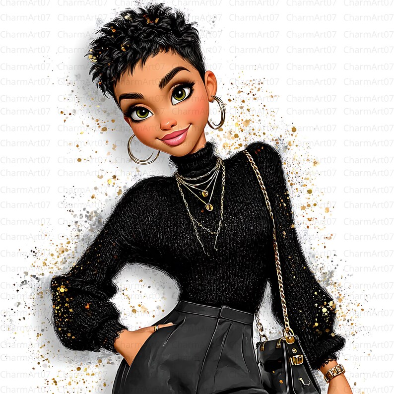 May include: Digital illustration of a stylish person with short black hair, wearing a black turtleneck sweater, black pants, and gold jewelry. A black purse hangs from the shoulder. The background has gold and white paint splatters.
