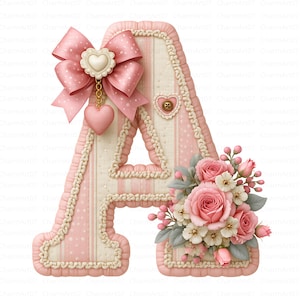 May include: A decorative letter A featuring a pink and cream striped and polka dot pattern with a ruffled border. It is adorned with a large pink bow, a heart charm, a small heart button, and a cluster of pink roses and white flowers.