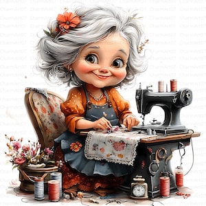20 Näherin Großmutter Clipart, ältere Frau Clipart, Cartoon alte Dame, hochwertige JPGs, druckbare Aquarell, Papiermodelle, Junk Journal