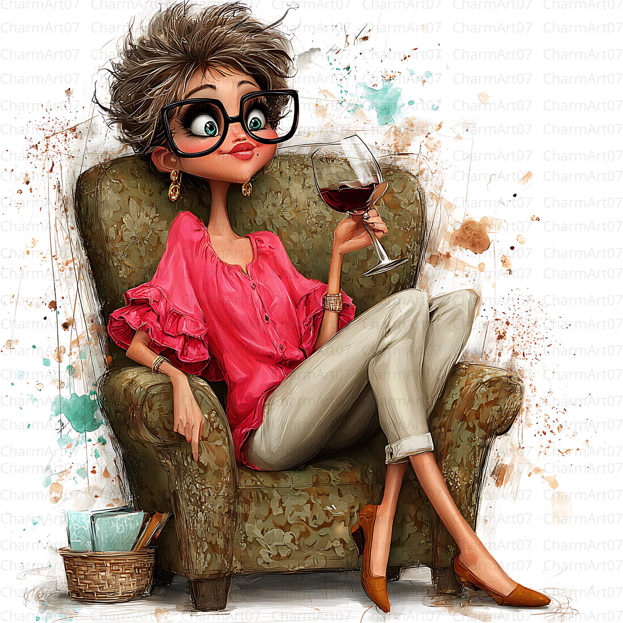 Lady With Wine Clipart Bundle , Grandma Cherries and Wine Digital Jpgs ...