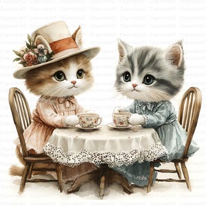 36 Elegant Cat Tea Time Clipart, Set 1, Vintage Cat, Printable Watercolor, High-Quality JPGs, Papercraft, Junk Journal, Digital Craft