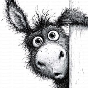 May include: A black and white ink illustration of a donkey with large, wide eyes and shaggy fur peeking out from behind a vertical wooden post. The donkey has long, upright ears and a textured, expressive face rendered in detailed pencil strokes.