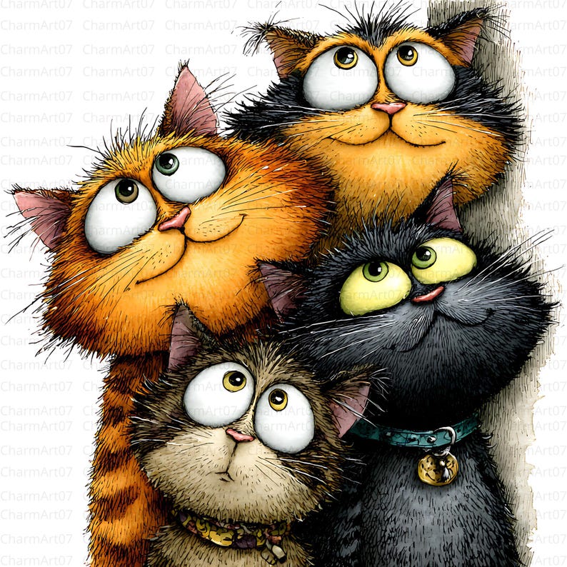 May include: A whimsical illustration features four cartoon cats with expressive eyes and smiling faces. The cats have various fur colors, including orange, black, and brown. One black cat wears a blue collar with a gold tag. The artwork has a textured, hand-drawn style.