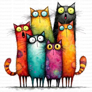 May include: A whimsical illustration of six colorful cats with exaggerated features. The cats are in various colors, including orange, red, blue, yellow, purple, and black. Each cat has large eyes and a unique expression, creating a playful and artistic design.