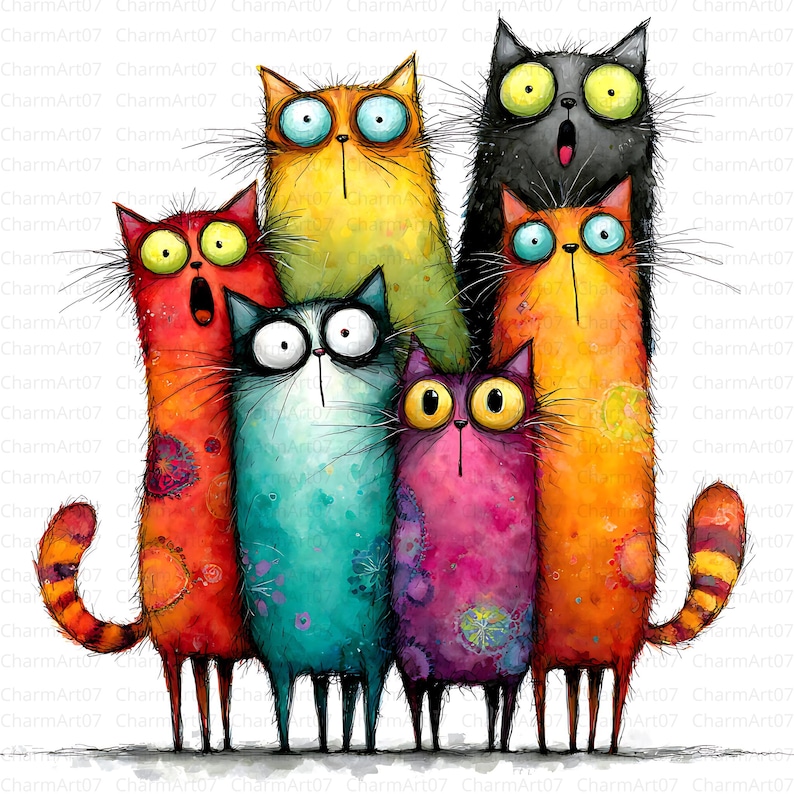 May include: A whimsical illustration of six colorful cats with exaggerated features. The cats are in various colors, including orange, red, blue, yellow, purple, and black. Each cat has large eyes and a unique expression, creating a playful and artistic design.
