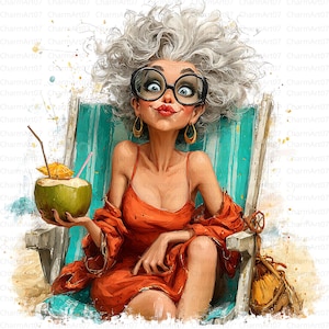 Könnte beinhalten: Eine skurrile Illustration einer Frau mit großer Brille und lockigem, grauem Haar, die in einem Strandstuhl sitzt. Sie trägt ein orangefarbenes Kleid und hält ein Kokosnussgetränk. Der Stuhl hat ein hellblau-weiß gestreiftes Design.