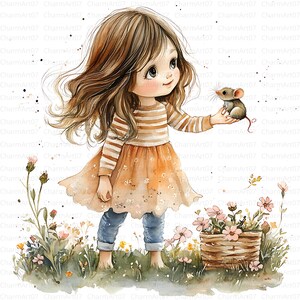 15 clipart fille décalée avec souris, JPG de haute qualité, impression numérique, art mural, pages de journal indésirables, créations en papier, clipart fille décalée