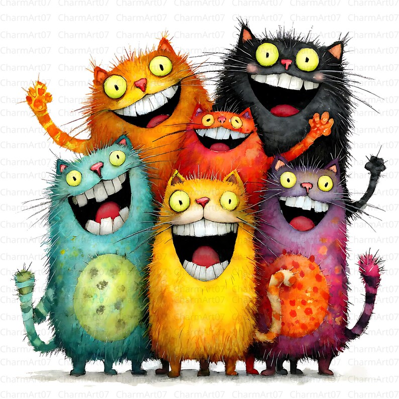 May include: A whimsical illustration of six cartoon cats with exaggerated smiles and wide eyes. The cats are in various colors, including orange, black, blue, yellow, and purple. They appear to be waving and are full of joy.