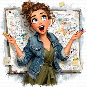 Könnte beinhalten: Illustration einer Frau mit einer Tafel. Sie trägt eine Jeansjacke und ein grünes Kleid, hält Marker und blickt mit aufgeregtem Ausdruck nach oben. Die Tafel ist mit Notizen und Diagrammen bedeckt.