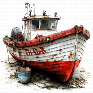 Puede incluir: Un barco de pesca blanco y rojo desgastado con un cubo azul en primer plano. El barco tiene una franja roja a lo largo de la parte inferior y el texto "FH SRG" escrito en el lateral.