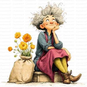 May include: A whimsical illustration of a person with curly gray hair, wearing a blue shirt and a pink dress, sitting and looking upwards. A bouquet of yellow flowers sits in a burlap sack. The artwork has a charming, storybook style.