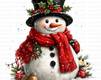 May include: A watercolor illustration of a snowman wearing a black top hat adorned with holly and berries, a red scarf, and mittens. The snowman has a carrot nose and coal eyes, surrounded by snow, ornaments, and a candy cane.
