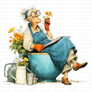 May include: An illustration of a gardener sitting in a large blue teacup, surrounded by potted flowers and gardening tools. The gardener, wearing glasses, an apron, and orange gloves, is examining a flower. The image has a whimsical, watercolor style.
