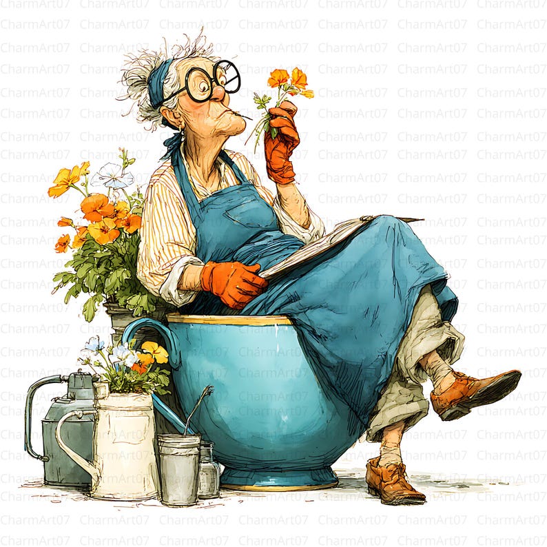 May include: An illustration of a gardener sitting in a large blue teacup, surrounded by potted flowers and gardening tools. The gardener, wearing glasses, an apron, and orange gloves, is examining a flower. The image has a whimsical, watercolor style.