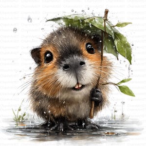 May include: A watercolor illustration of a cute, fluffy rodent holding a leaf umbrella in the rain. The rodent has brown and orange fur, big black eyes, and a small smile. Raindrops and puddles are visible, creating a whimsical scene.