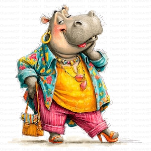 Puede incluir: Ilustraci&oacute;n caprichosa de un hipop&oacute;tamo vestido con ropa colorida. El hipop&oacute;tamo lleva una camiseta amarilla, pantalones a rayas rosas y una chaqueta floral. Tiene un bolso, joyas y tacones naranjas. El hipop&oacute;tamo sonr&iacute;e y se apoya la mano en la mejilla.