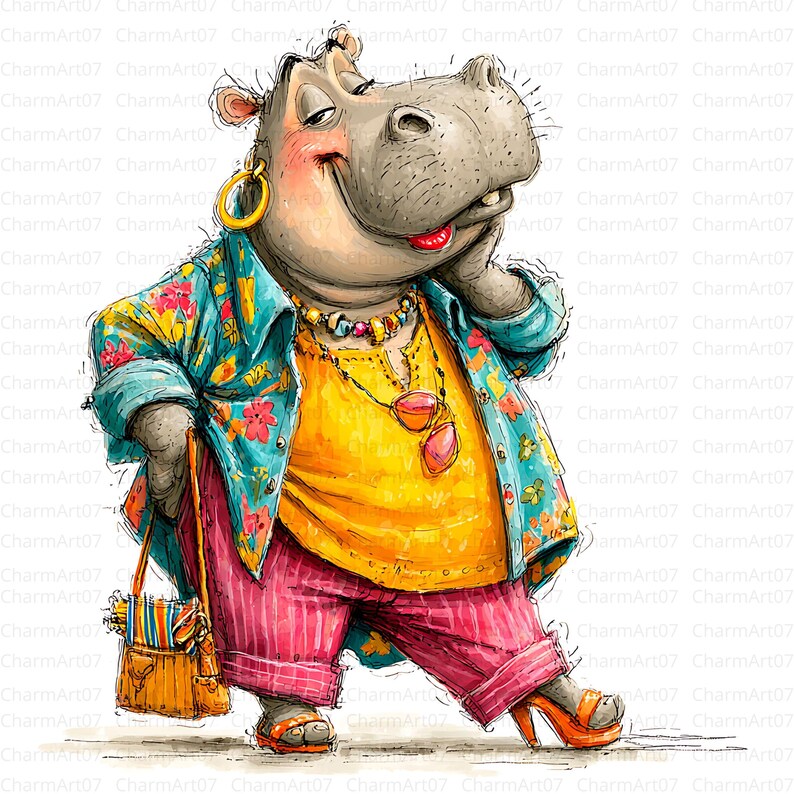 Puede incluir: Ilustraci&oacute;n caprichosa de un hipop&oacute;tamo vestido con ropa colorida. El hipop&oacute;tamo lleva una camiseta amarilla, pantalones a rayas rosas y una chaqueta floral. Tiene un bolso, joyas y tacones naranjas. El hipop&oacute;tamo sonr&iacute;e y se apoya la mano en la mejilla.