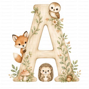 May include: A large, light-colored wooden letter A decorated with green leafy vines and small flowers. A brown fox peeks from the left side, a small owl sits at the top, and a hedgehog sits at the base. Two mushrooms and an acorn are included.